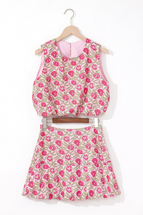 Bohemian Floral Print Puffy Cropped Mini Skirt Two Piece Dress