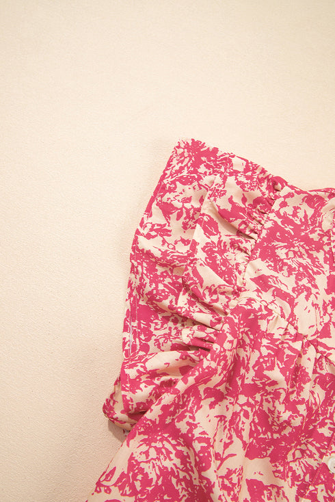 Bohemian Floral Print Ruffle Flutter Sleeve Henley Blouse Top