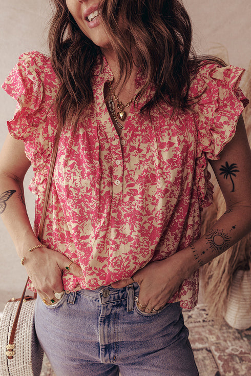 Bohemian Floral Print Ruffle Flutter Sleeve Henley Blouse Top