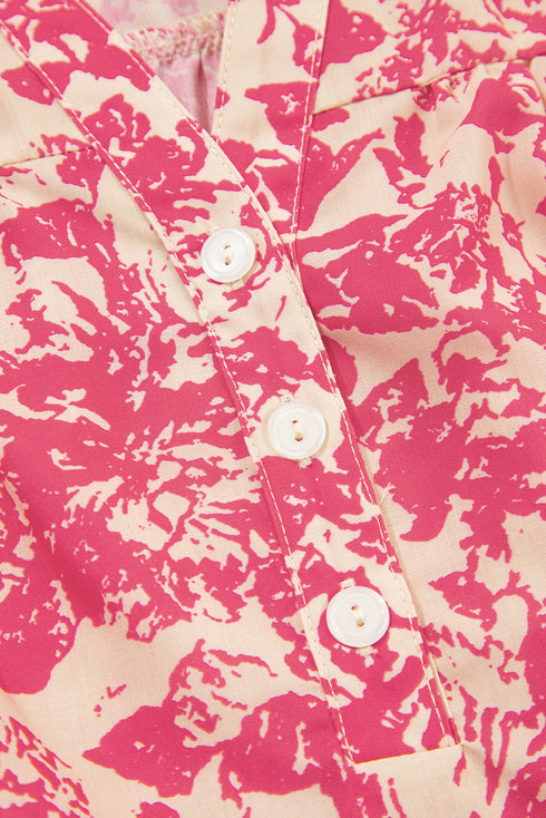 Bohemian Floral Print Ruffle Flutter Sleeve Henley Blouse Top