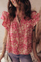 Bohemian Floral Print Ruffle Flutter Sleeve Henley Blouse Top