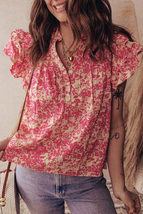 Bohemian Floral Print Ruffle Flutter Sleeve Henley Blouse Top