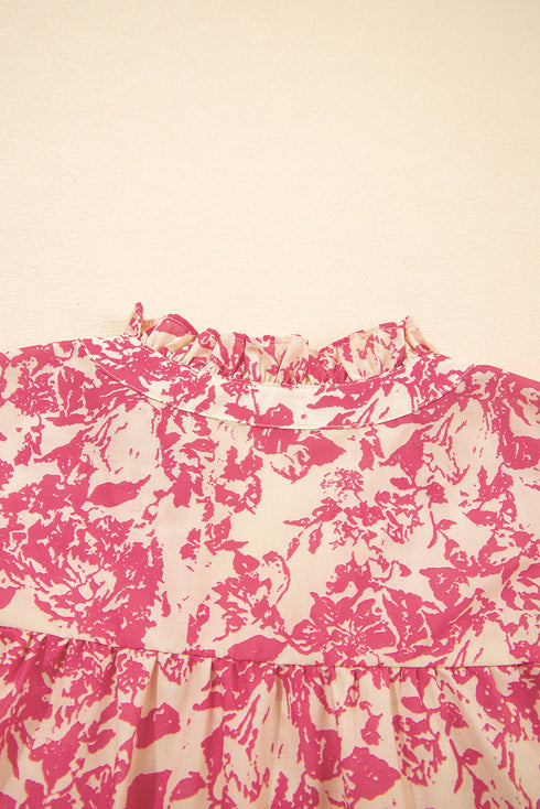 Bohemian Floral Print Ruffle Flutter Sleeve Henley Blouse Top