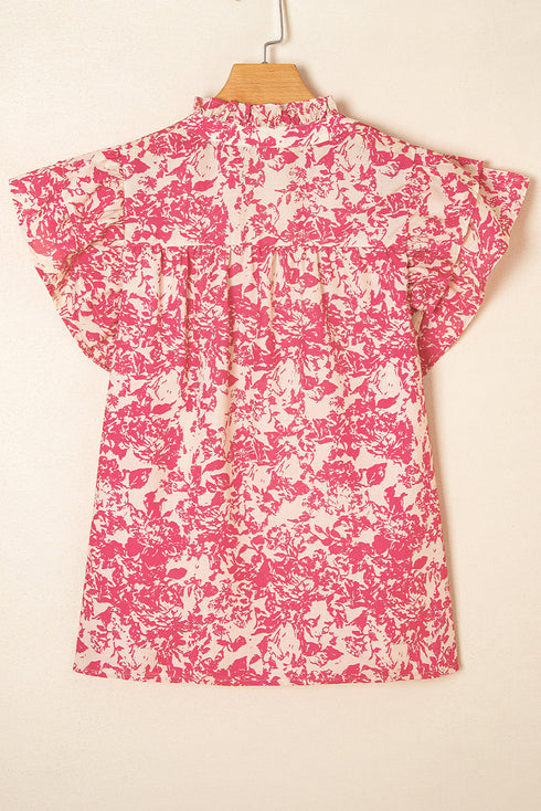 Bohemian Floral Print Ruffle Flutter Sleeve Henley Blouse Top