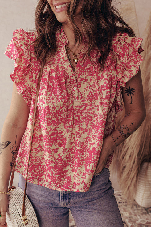 Bohemian Floral Print Ruffle Flutter Sleeve Henley Blouse Top
