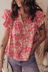 Bohemian Floral Print Ruffle Flutter Sleeve Henley Blouse Top