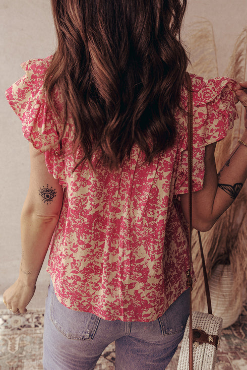Bohemian Floral Print Ruffle Flutter Sleeve Henley Blouse Top