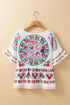Bohemian Floral Print Ruffle Sleeve Woven Blouse