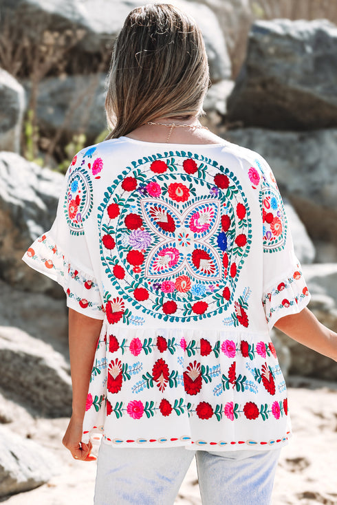Bohemian Floral Print Ruffle Sleeve Woven Blouse