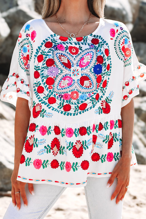 Bohemian Floral Print Ruffle Sleeve Woven Blouse