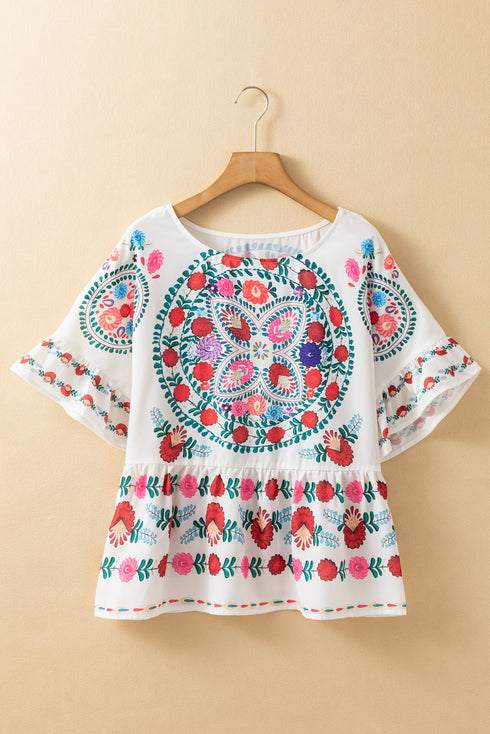 Bohemian Floral Print Ruffle Sleeve Woven Blouse