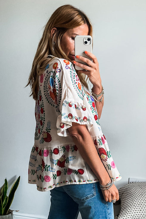 Bohemian Floral Print Ruffle Sleeve Woven Blouse