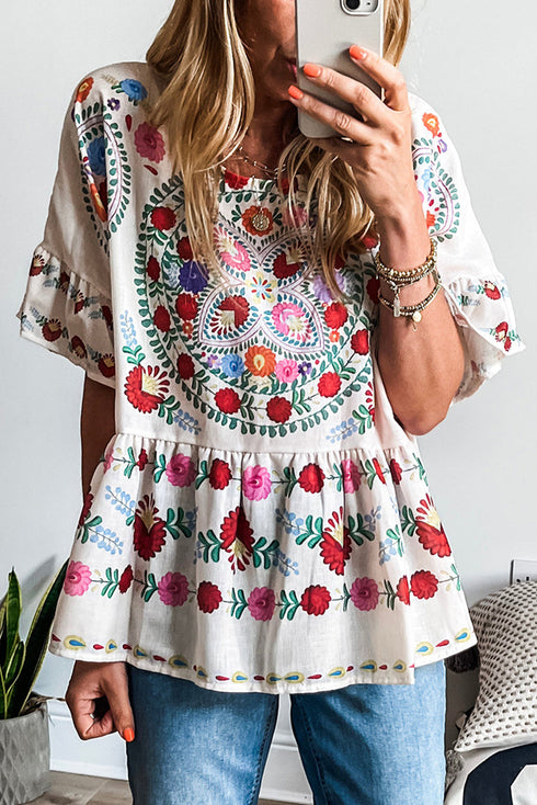 Bohemian Floral Print Ruffle Sleeve Woven Blouse