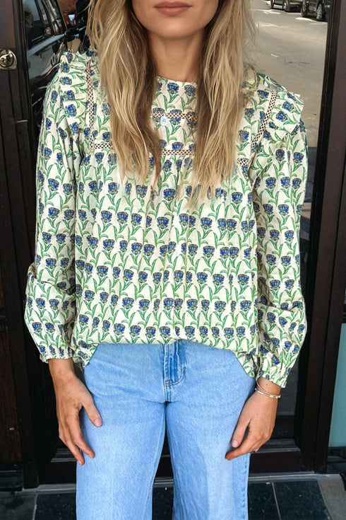Bohemian Floral Print Ruffle Trim Long Sleeve Blouse