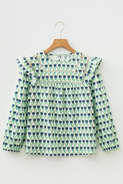 Bohemian Floral Print Ruffle Trim Long Sleeve Blouse