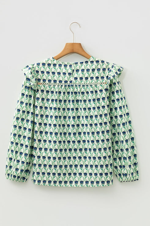 Bohemian Floral Print Ruffle Trim Long Sleeve Blouse
