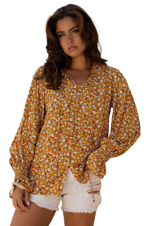 Bohemian Floral Print Ruffled Bubble Sleeve V Neck Blouse