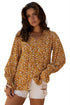Bohemian Floral Print Ruffled Bubble Sleeve V Neck Blouse