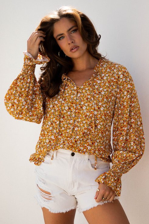 Bohemian Floral Print Ruffled Bubble Sleeve V Neck Blouse