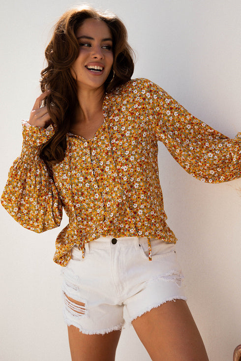 Bohemian Floral Print Ruffled Bubble Sleeve V Neck Blouse