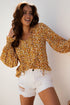 Bohemian Floral Print Ruffled Bubble Sleeve V Neck Blouse