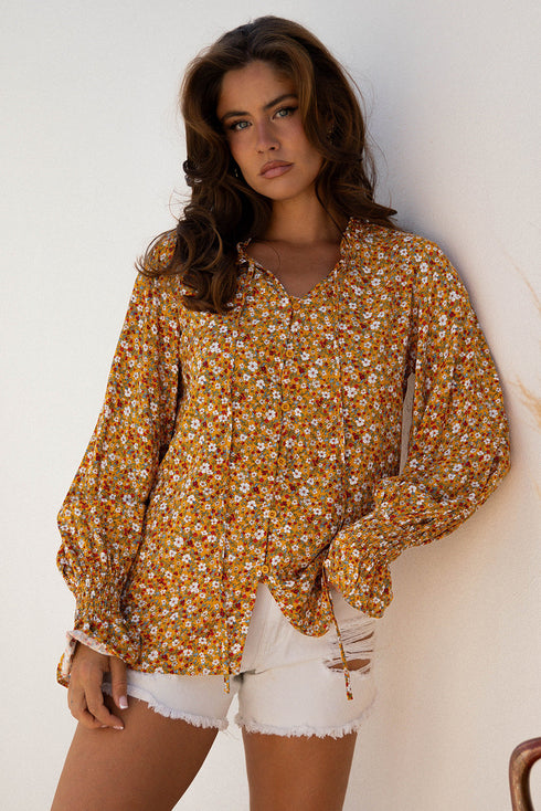Bohemian Floral Print Ruffled Bubble Sleeve V Neck Blouse