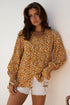 Bohemian Floral Print Ruffled Bubble Sleeve V Neck Blouse