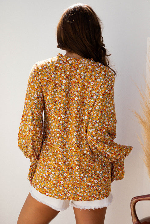 Bohemian Floral Print Ruffled Bubble Sleeve V Neck Blouse