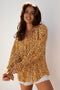 Bohemian Floral Print Ruffled Bubble Sleeve V Neck Blouse