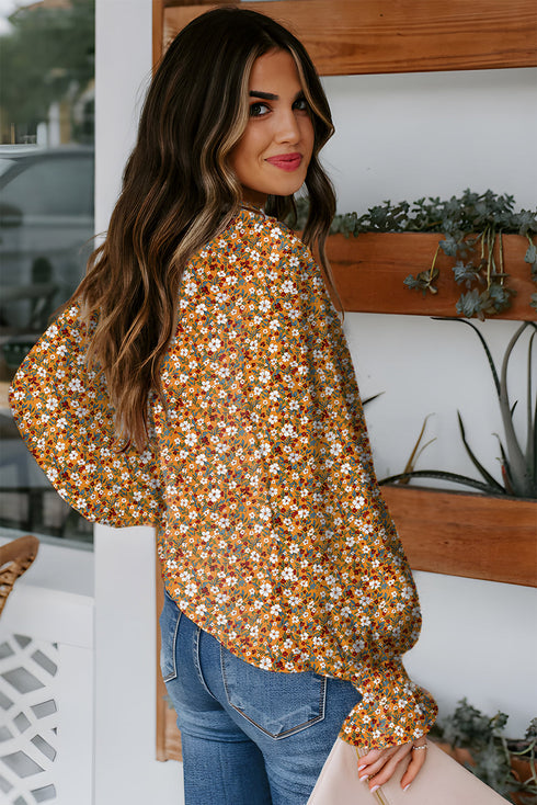 Bohemian Floral Print Ruffled Bubble Sleeve V Neck Blouse
