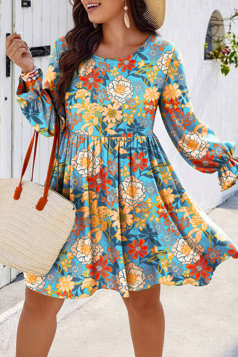 Bohemian Floral Print Ruffled Long Sleeve Mini Dress