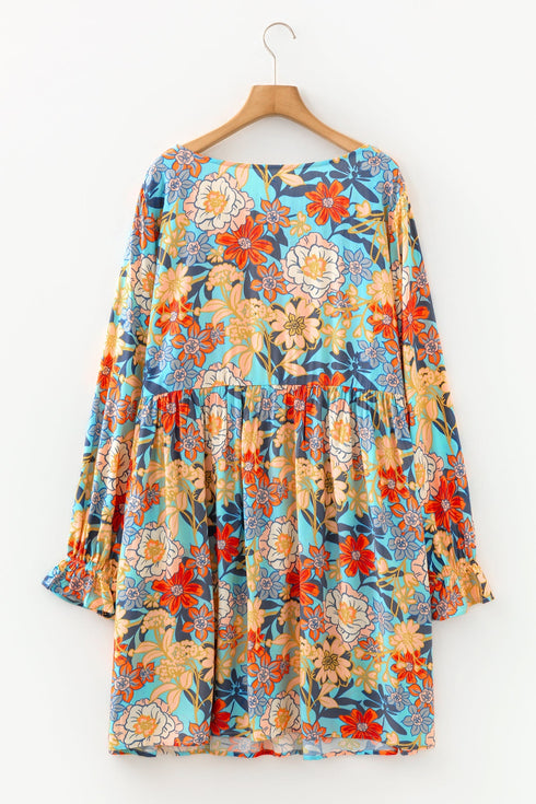 Bohemian Floral Print Ruffled Long Sleeve Mini Dress