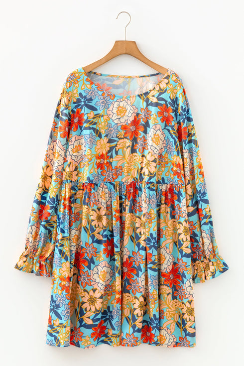Bohemian Floral Print Ruffled Long Sleeve Mini Dress