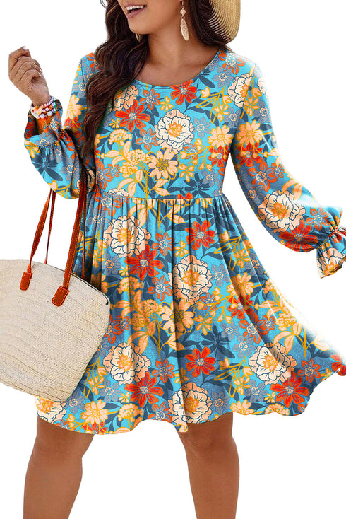 Bohemian Floral Print Ruffled Long Sleeve Mini Dress