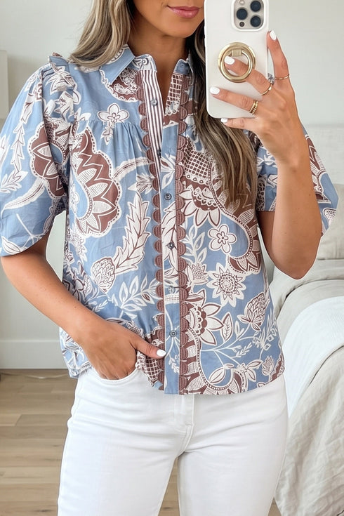 Bohemian Floral Print Scalloped Trim Button Down Shirt