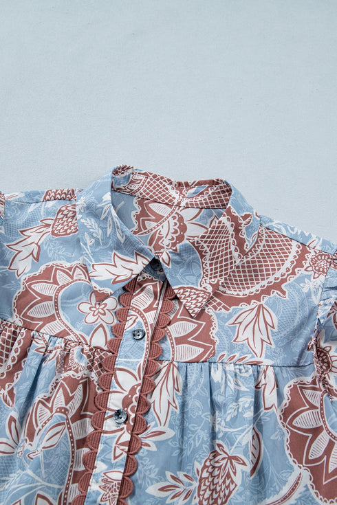 Bohemian Floral Print Scalloped Trim Button Down Shirt