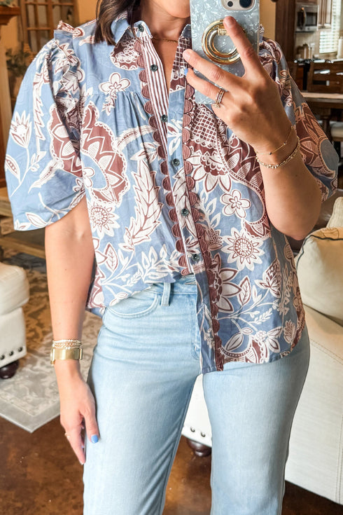 Bohemian Floral Print Scalloped Trim Button Down Shirt