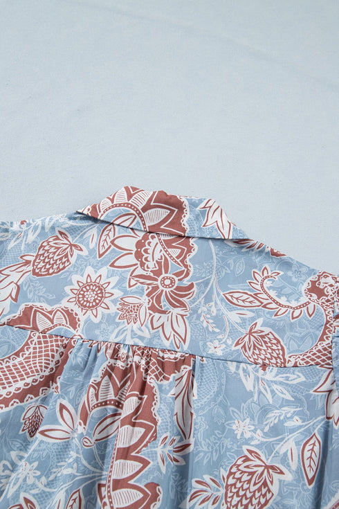 Bohemian Floral Print Scalloped Trim Button Down Shirt