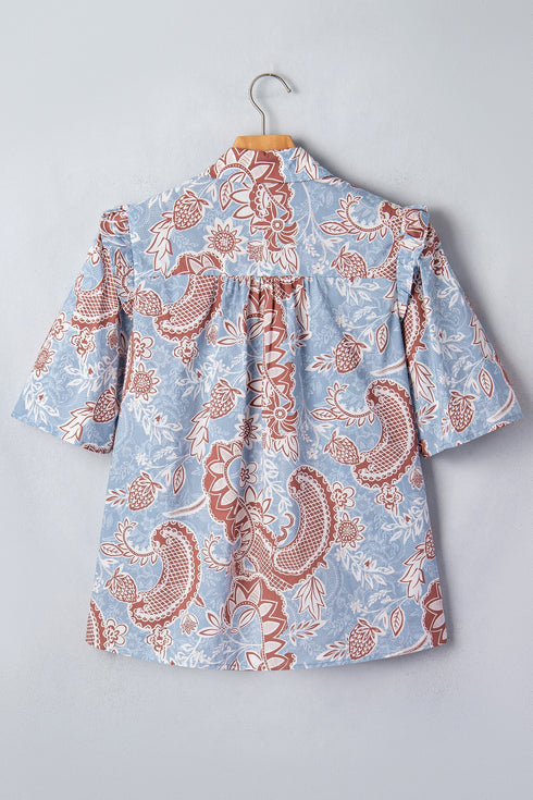 Bohemian Floral Print Scalloped Trim Button Down Shirt
