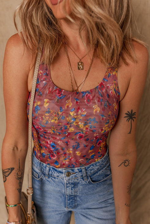 Bohemian Floral Print Sheer Mesh U Neck Bodysuit
