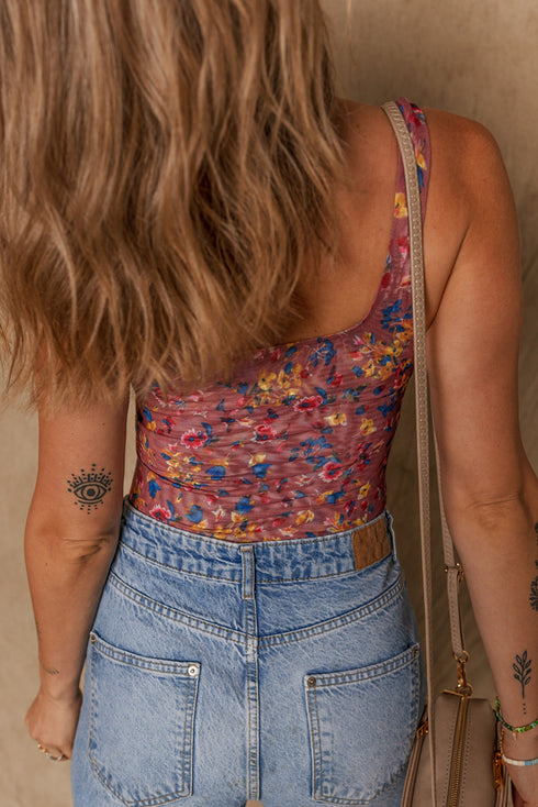 Bohemian Floral Print Sheer Mesh U Neck Bodysuit