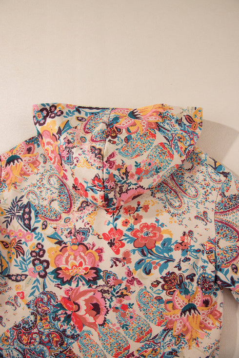 Bohemian Floral Print Sherpa Lined Fleece Hooded Jacket