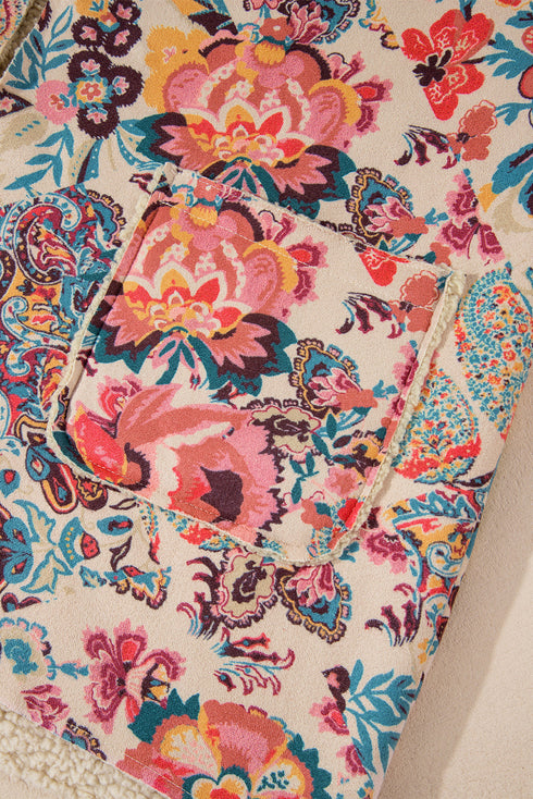 Bohemian Floral Print Sherpa Lined Fleece Hooded Jacket