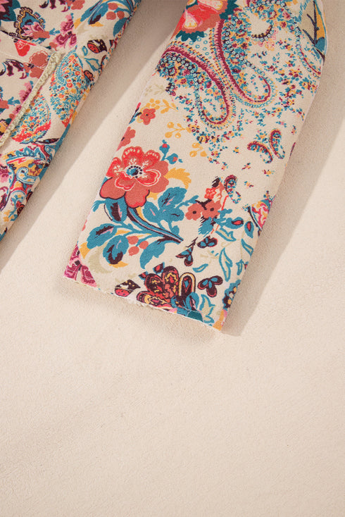 Bohemian Floral Print Sherpa Lined Fleece Hooded Jacket