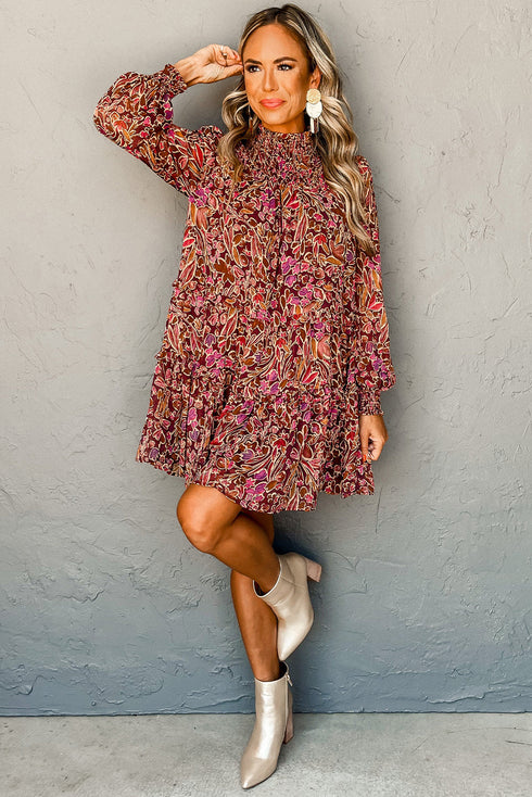 Bohemian Floral Print Shirred High Neck Loose Mini Dress