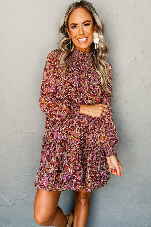Bohemian Floral Print Shirred High Neck Loose Mini Dress