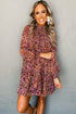 Bohemian Floral Print Shirred High Neck Loose Mini Dress