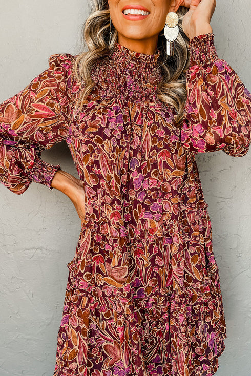Bohemian Floral Print Shirred High Neck Loose Mini Dress