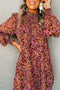 Bohemian Floral Print Shirred High Neck Loose Mini Dress