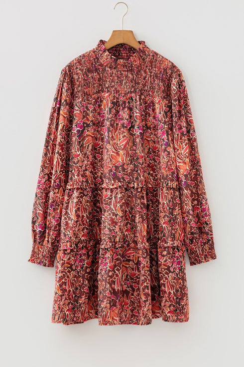 Bohemian Floral Print Shirred High Neck Loose Mini Dress